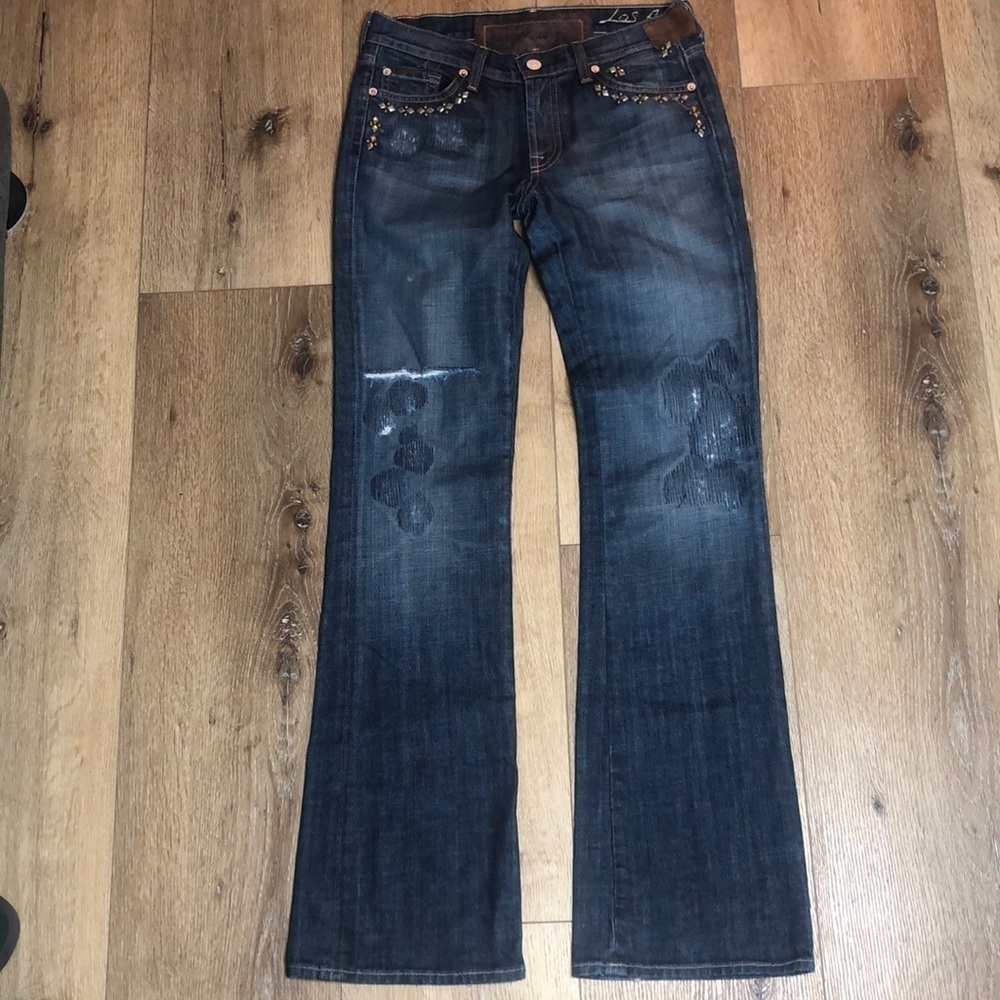 7FAMK Embroidered Studded Wide Leg Jeans Size 27